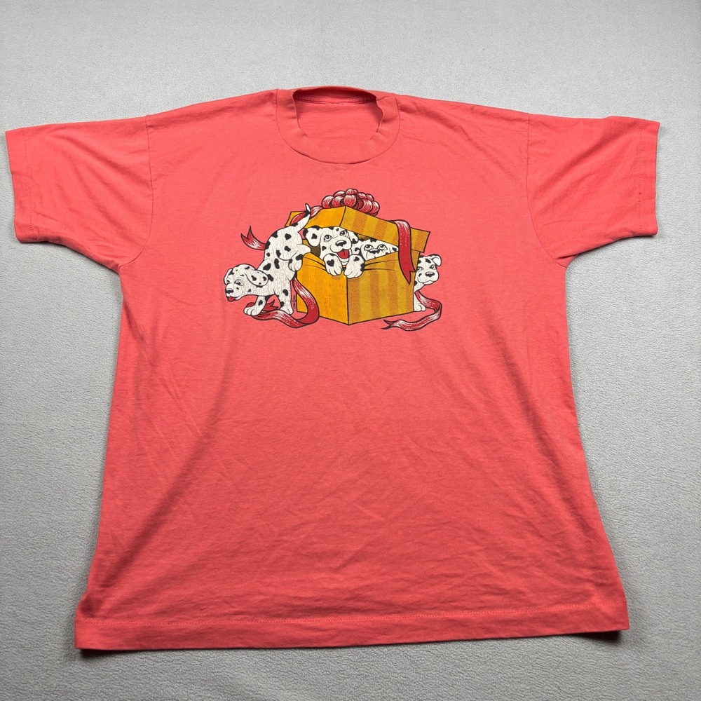 Vintage 1983 CTM Dalmatian Puppies Gift Box Graphic T-Shirt Pink Mens 80s